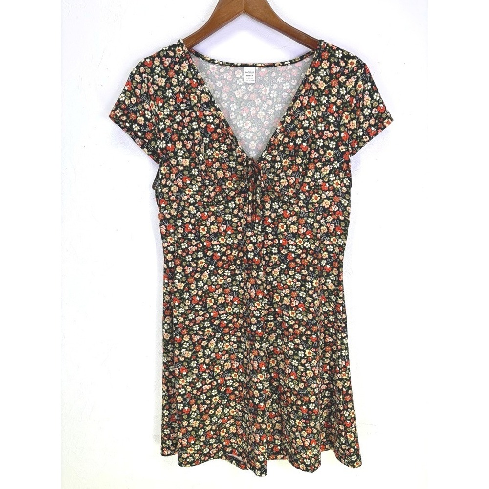 Poeselle Babydoll‎ Mini Dress Sz L Black Ditzy Floral Cottagecore Festival Boho